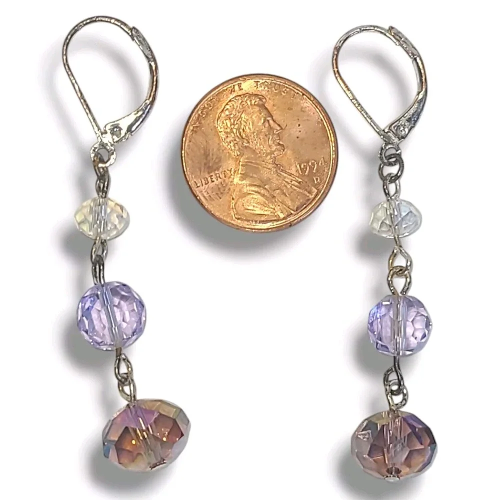 Silver Tone Purple Crystal‎ Leverback Dangle Drop Earrings